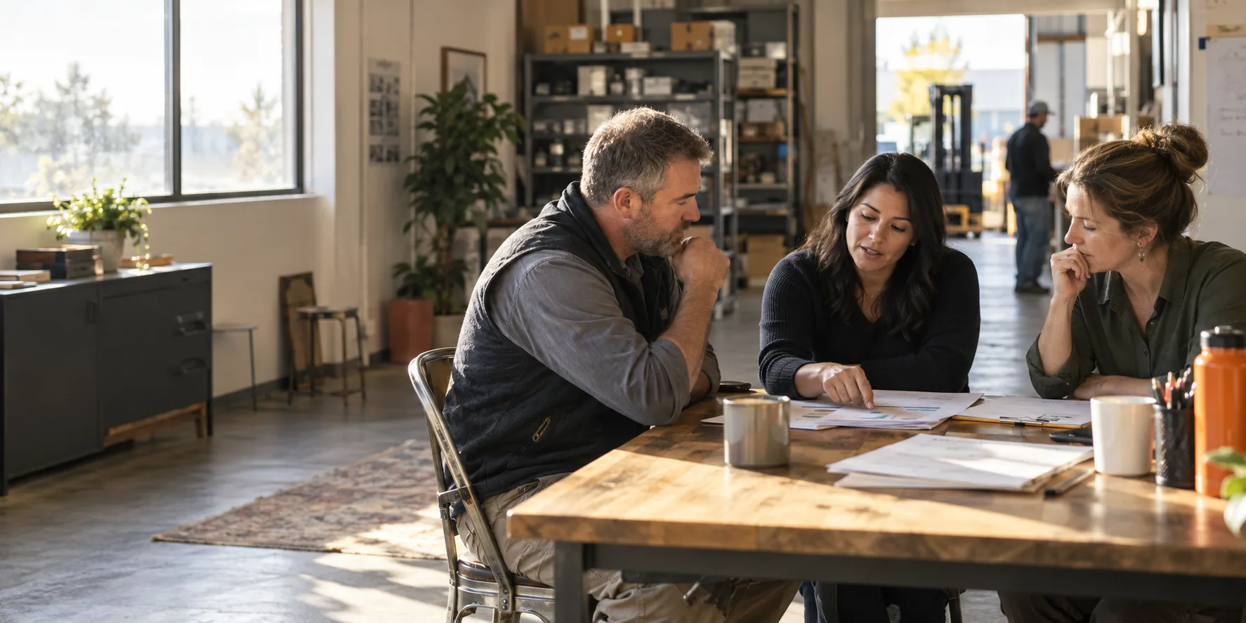 An advisor and business leaders review documents together in a working operations space.