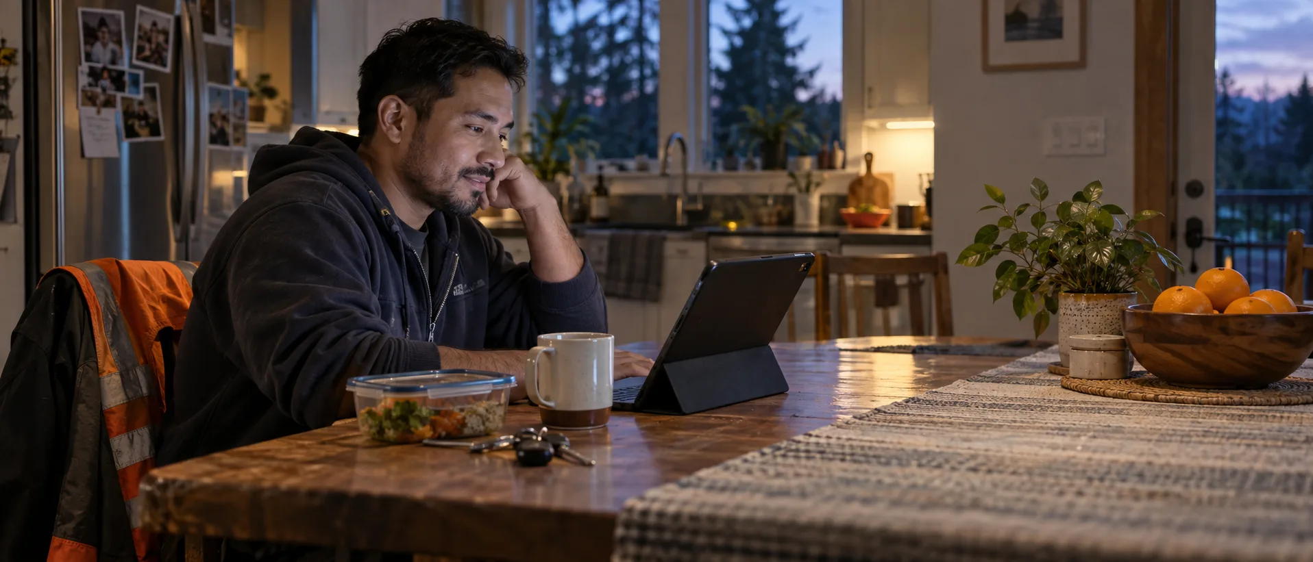 An employee at home after work using a tablet for a virtual care visit.