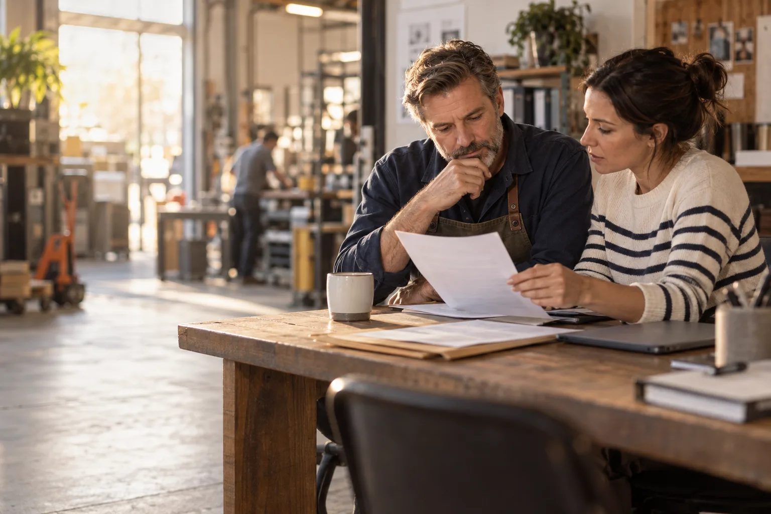 Two coworkers review an employer benefits and payroll summary at a worktable.
