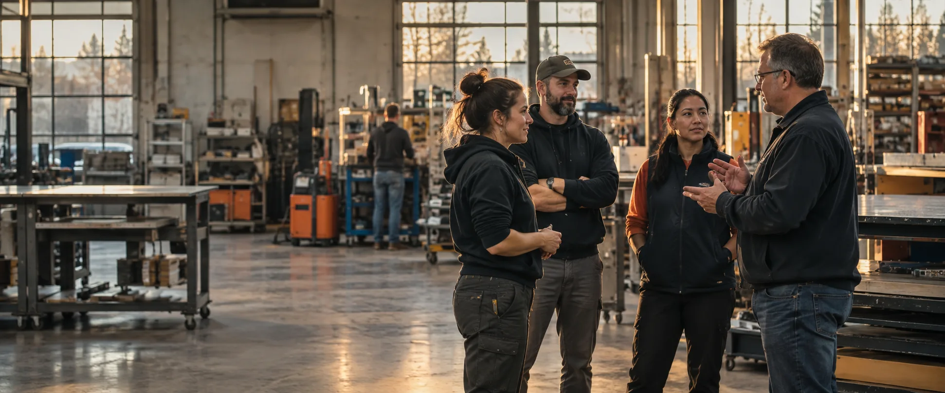 Employees speaking with an operations leader at shift change in a light-industrial workplace.
