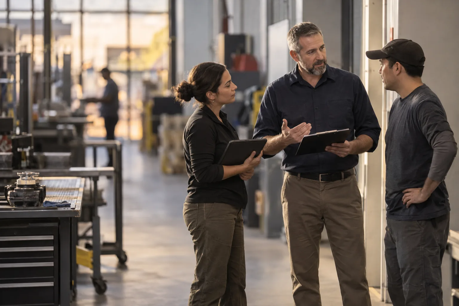 A workplace leader talks with employees on an operations floor at shift change.