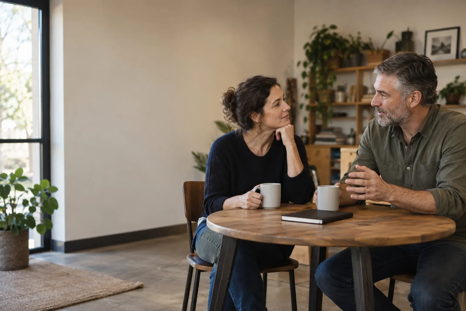 An employer and advisor have a practical first conversation at a small table.